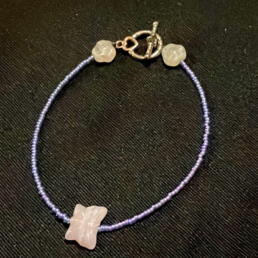 Handmade seed bead bracelet with pink jade butterfly and flower’s.